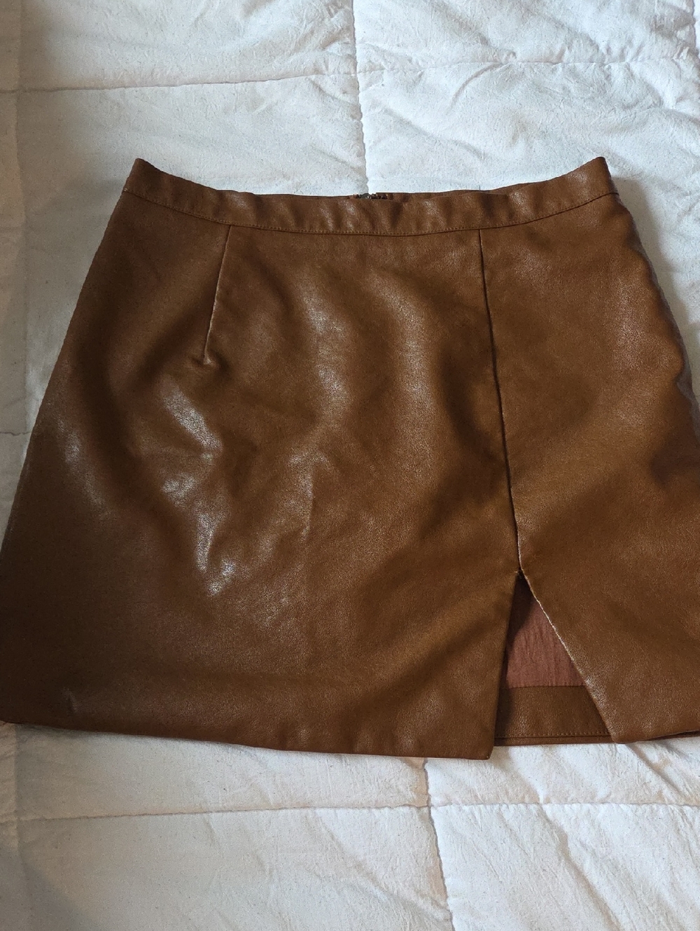Vici Brown Faux Leather Mini Skirt with Front Peek-Slit